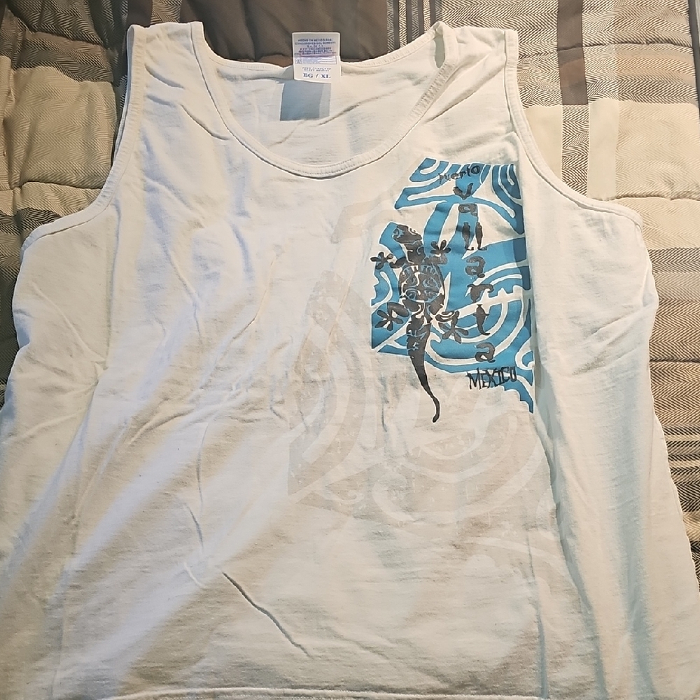 Men's White and Blue Graphic Swim Tank